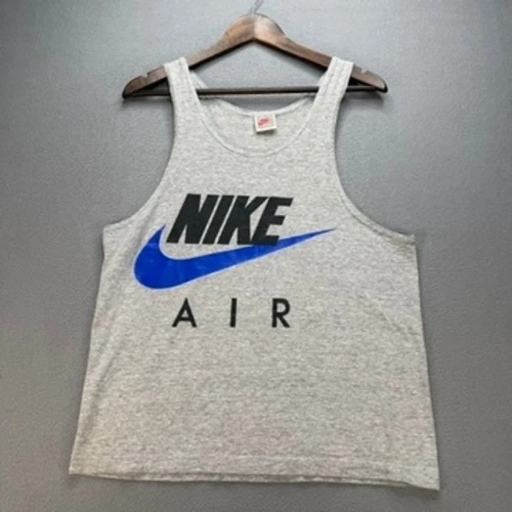 Vintage Nike Tank Top Air Logo Graphic Medium Gray Retro Made in USA Swoosh
